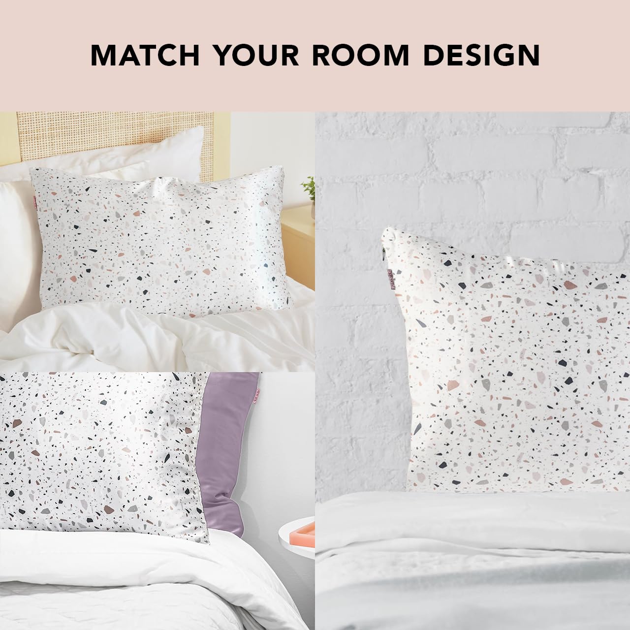 Kitsch Fodera per cuscino in satin con cerniera per capelli e pelle, morbida come seta, liscia, lavabile in lavatrice, senza pieghe, satin rinfrescante - Queen/Standard - Bianco Terrazzo