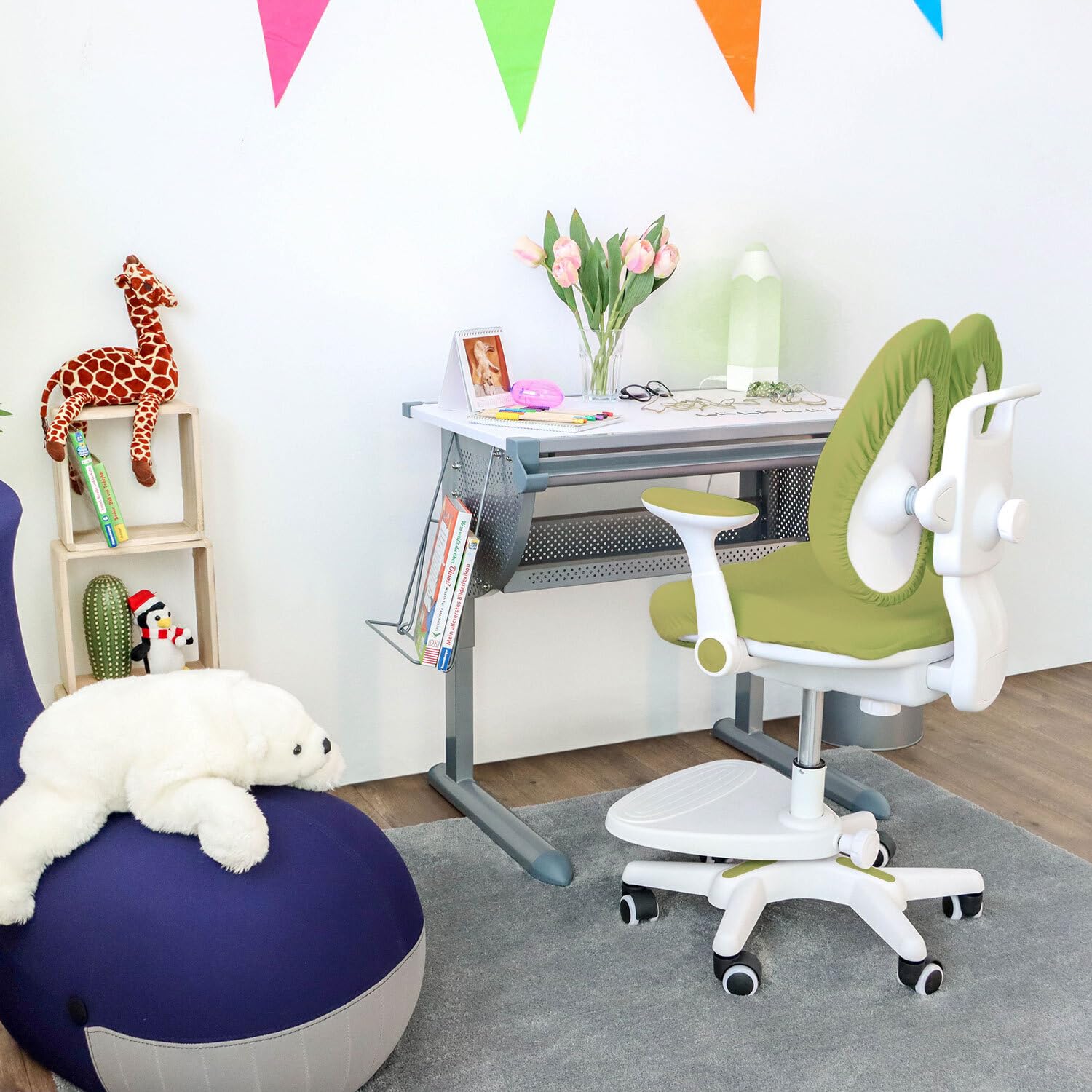 hjh OFFICE 736417 Kinder Schreibtischstuhl Kid Wing Stoff Kinderschreibtischstuhl mit Fußablage, Armlehnen klappbar, Grün/Weiß