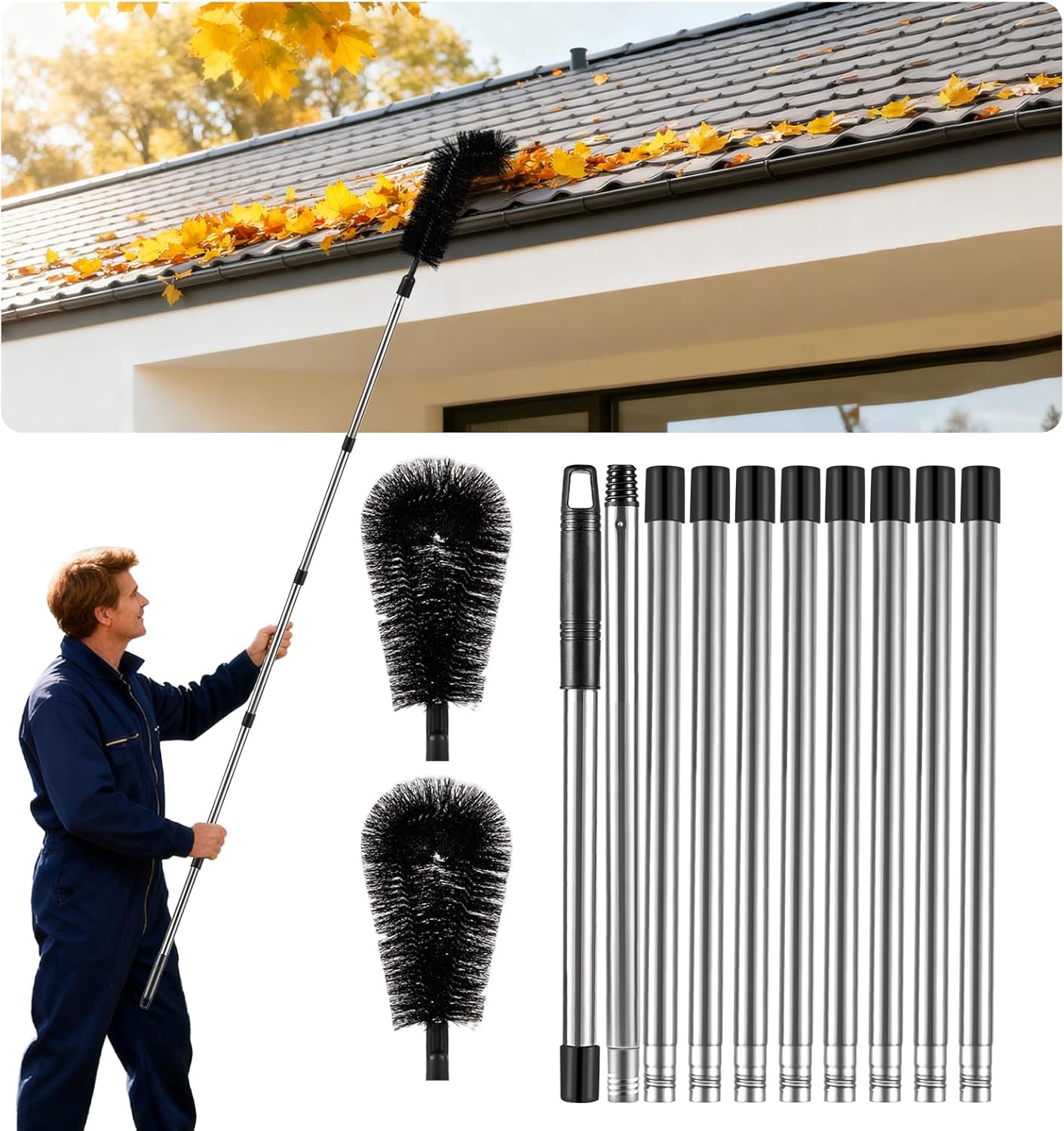 Gutter Cleaning Tools from The Ground – 12.7FT Long Adjustable gutter Cleaner & Brush, No Ladder Needed | Gutter Clean Out Tool Makes it Easy To Clean Leaves, Branches And Debris from Gutters