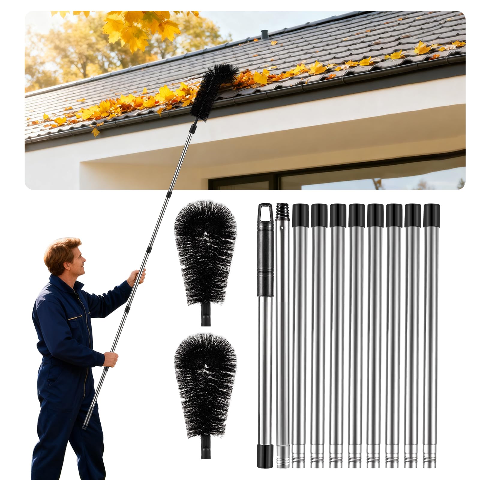 Gutter Cleaning Tools from The Ground - 12.7FT Long Adjustable gutter Cleaner & Brush, No Ladder Needed | Gutter Clean Out Tool Makes it Easy To Clean Leaves, Branches And Debris from Gutters