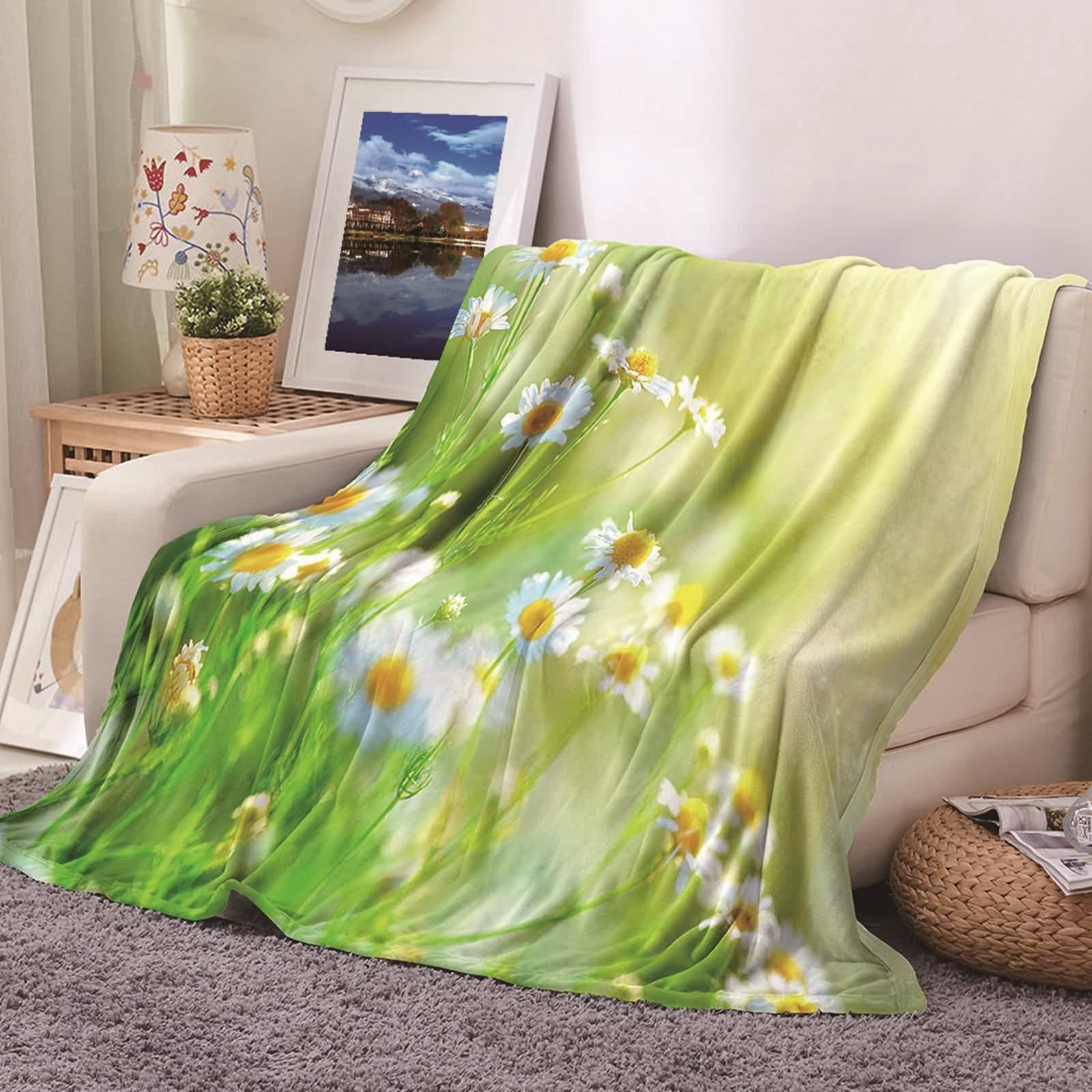 Plaid Couverture Polaire pour Canapé et Lit Cosy Marguerites KnSam