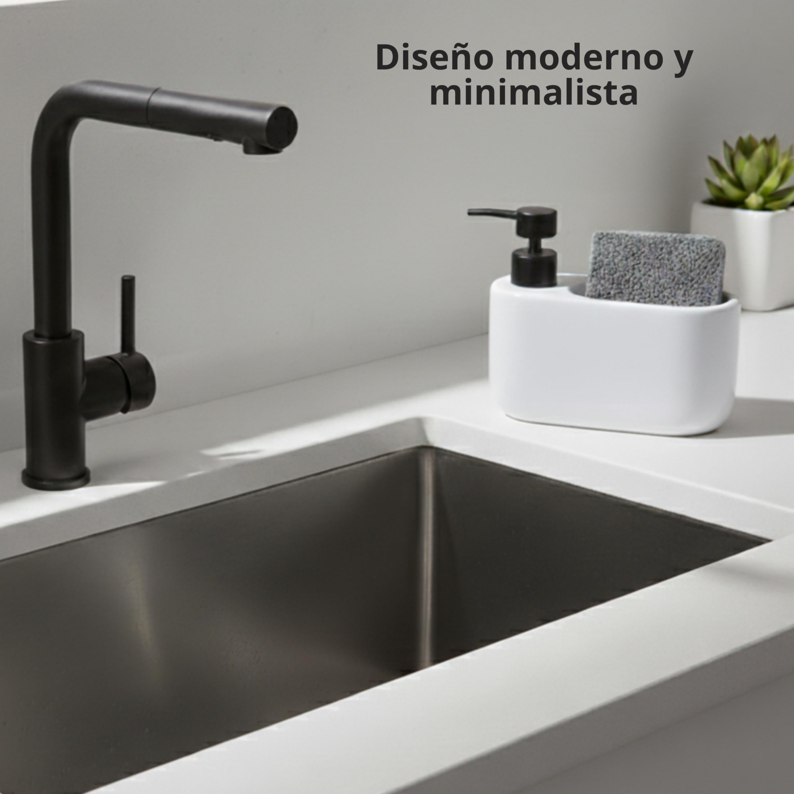 Kook Time Dispensador de Jabón Cocina con Estropajero 520 ml Curve - Dosificador de Cerámica y Soporte para Esponja. Organizador de Fregadero Estrecho. 18 x 7.3 x 15 cm. - Blanco - 5
