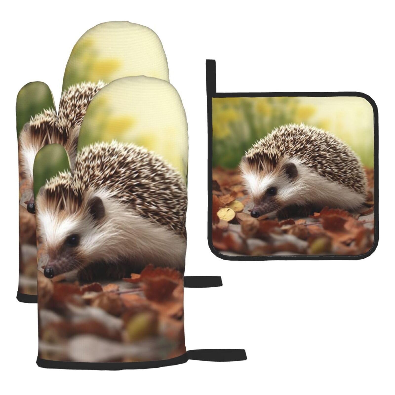 3 Piece Oven Mitts and Pot Holders Set Heat Resistant Oven Gloves and Potholders BBQ Gloves Hot Pads Hedgehog Cooking Gloves for Kitchen Baking Grilling