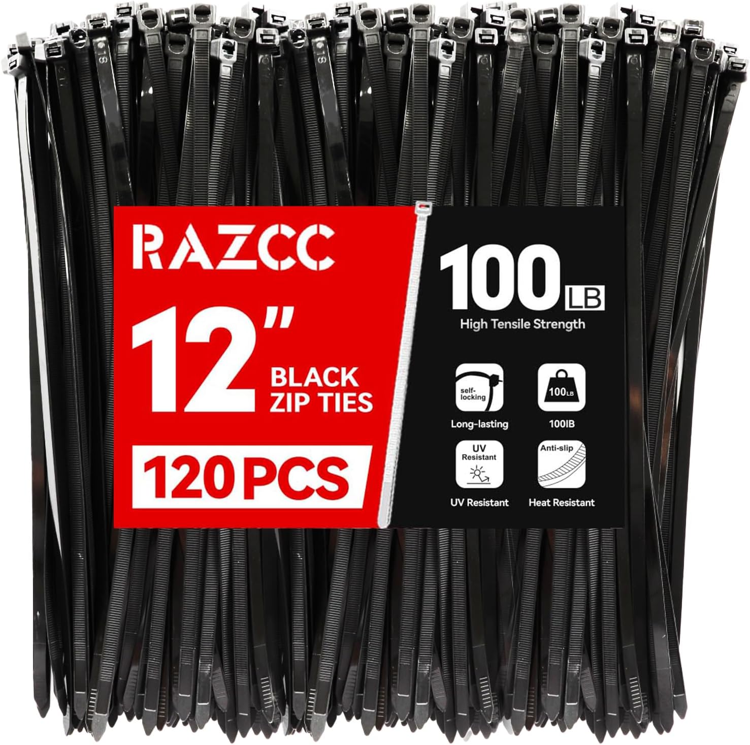 Zip Ties, RAZCC 120 Pack 12 inch Black Cable Ties, Heavy Duty Plastic Wire Ties with 100 lb Tensile Strength, Black Nylon Zip Ties for Indoor and Outdoor
