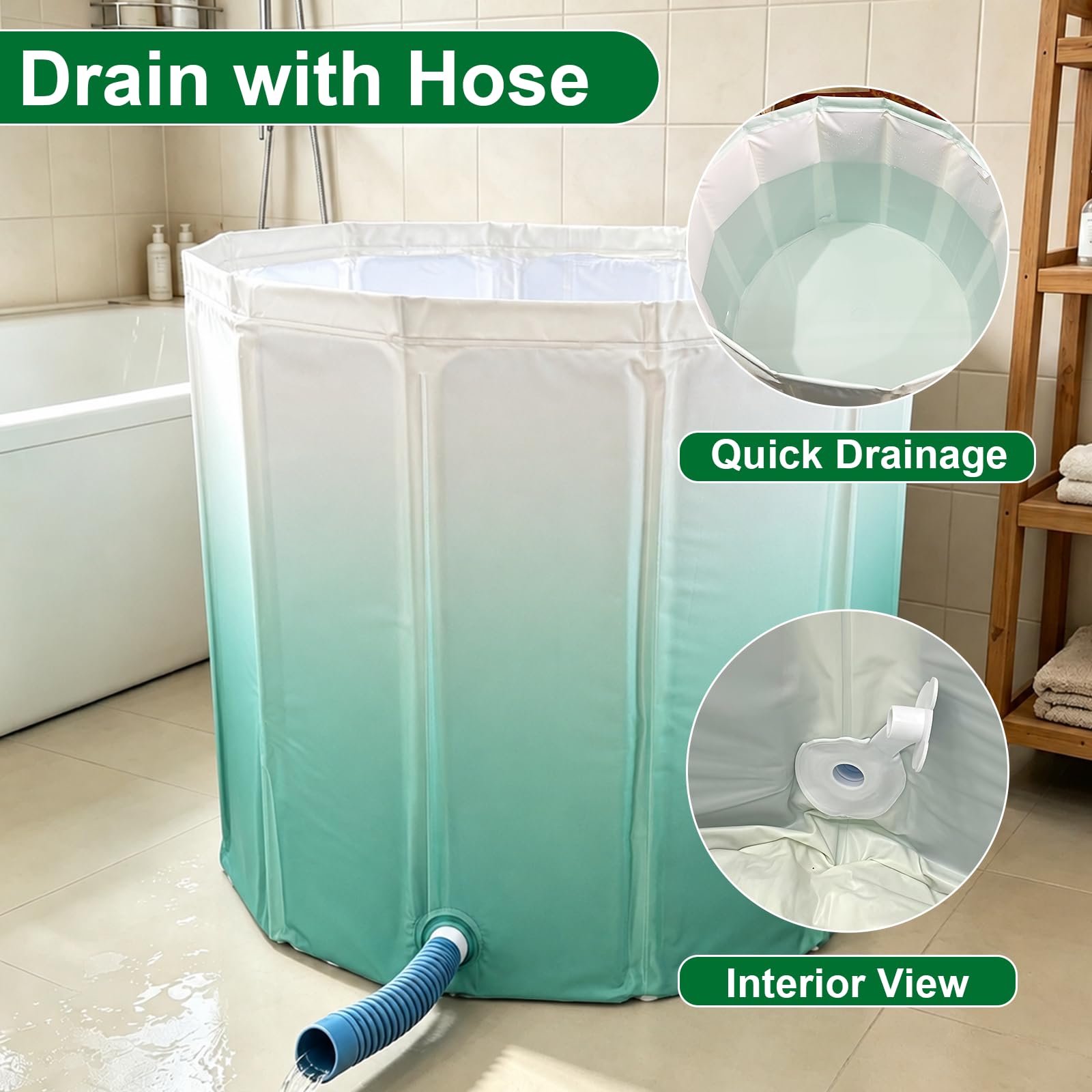Vasca da bagno pieghevole per adulti, 70 x 65 cm, portatile, profonda, per acqua calda e fredda, con tubo di scarico e cuscino per seduta, vasca da bagno pieghevole salvaspazio per piccolo bagno