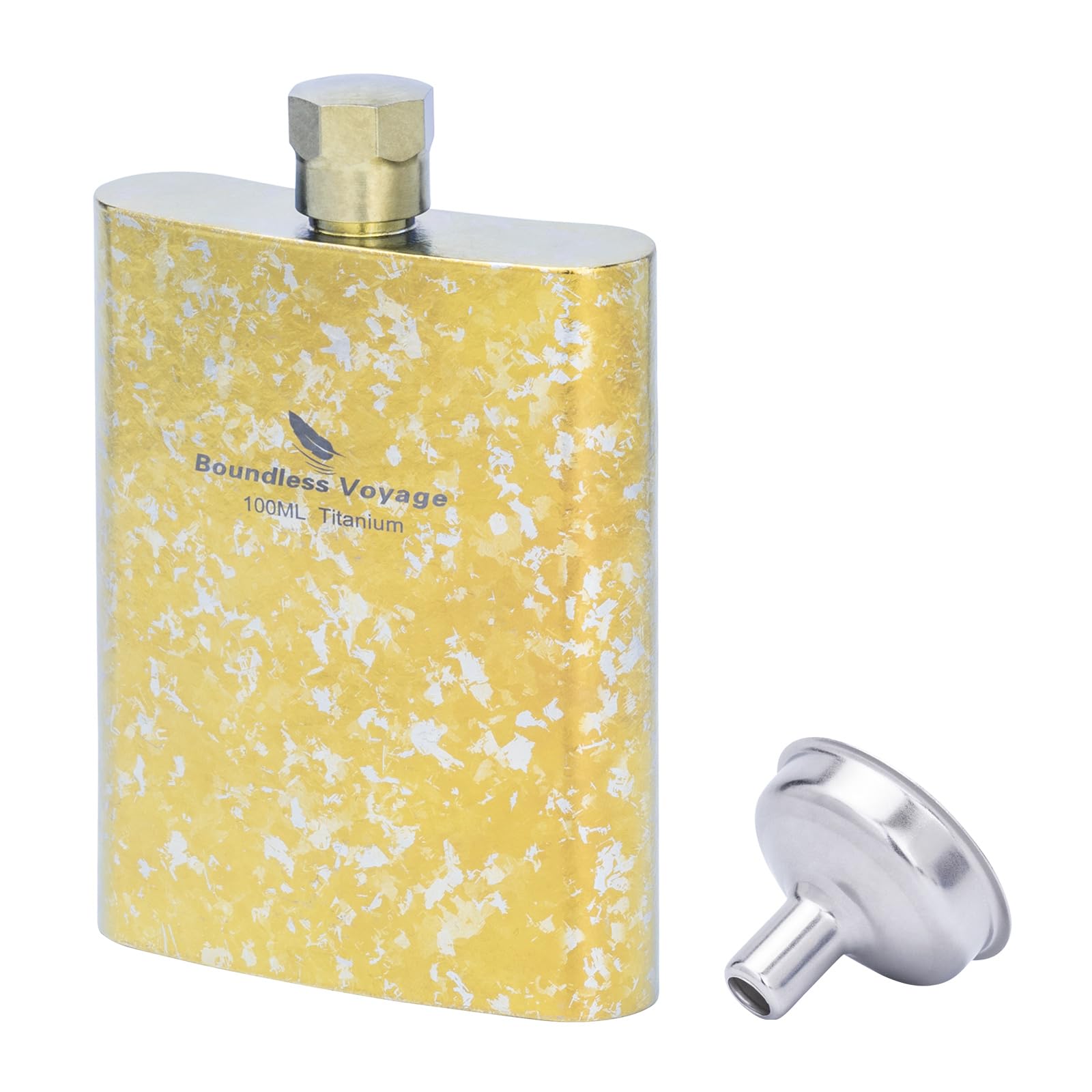 iBasingo 100ml Titanium Hip Flask Ultralight Travel Pocket Spirit Bottle for Whiskey Vodka Liquor Outdoor Travel Mini Metal Wine Pot for Men & Women Ti3262D (Gold)