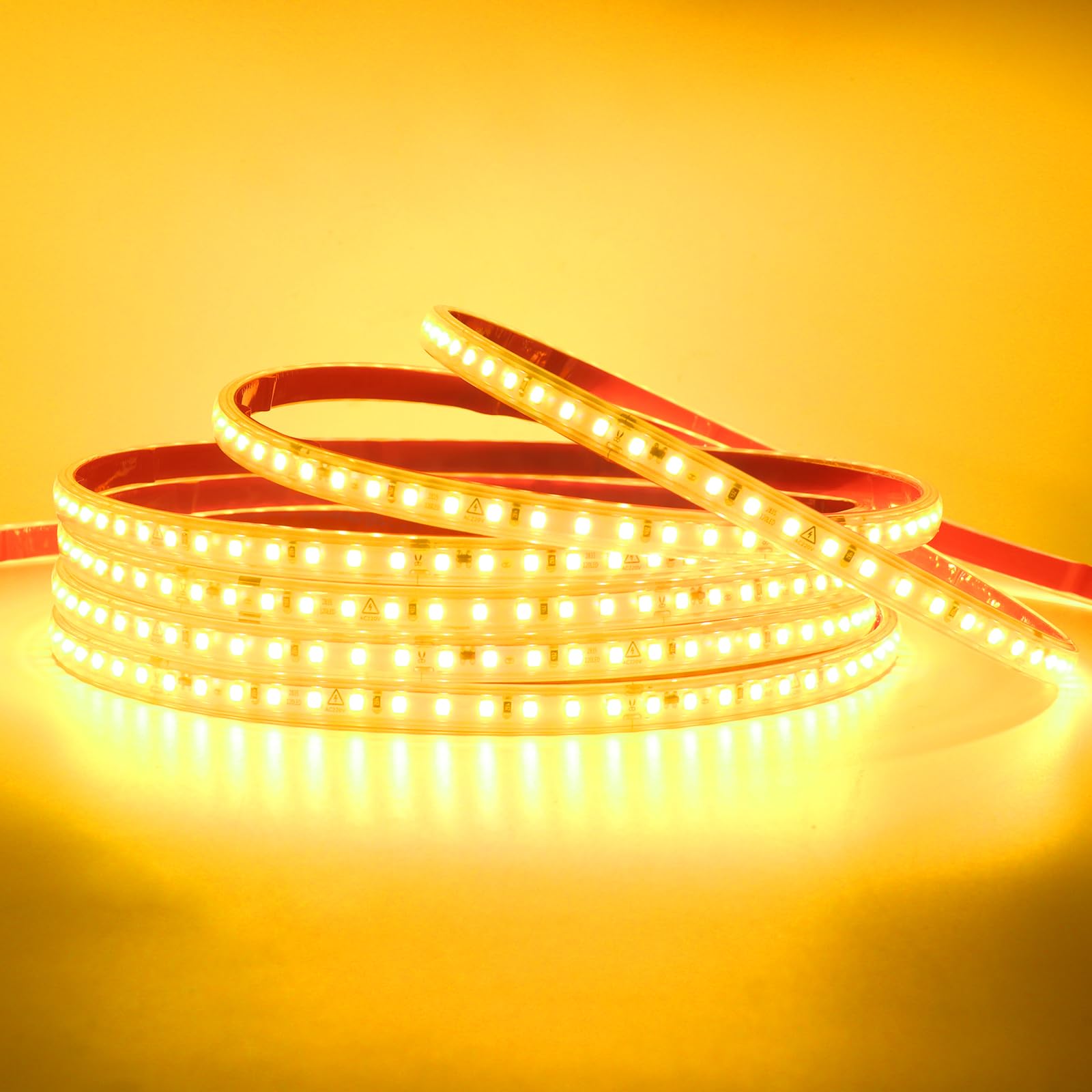 KAFULA 120LEDs/m LED Light Strip self-Adhesive, 220-240V Waterproof Flexible LED Rope Light CRI85+ 19M Yellow Light SMD2835 Bedroom Cabinet Kitchen Decoration LED Fairy Light