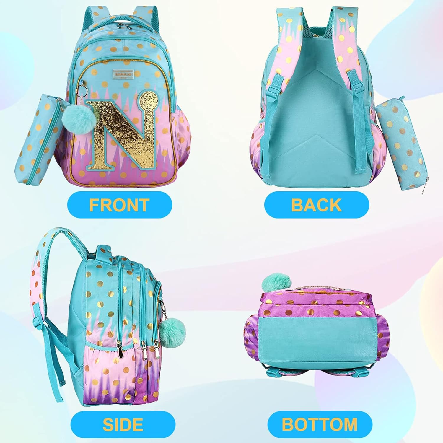 Kids Backpack with Pencil Case, Glitter Galaxy Elementary School Girls School Bag Large 16 Inch Bookbag with Letter N Sparkling Sequin Tower Design