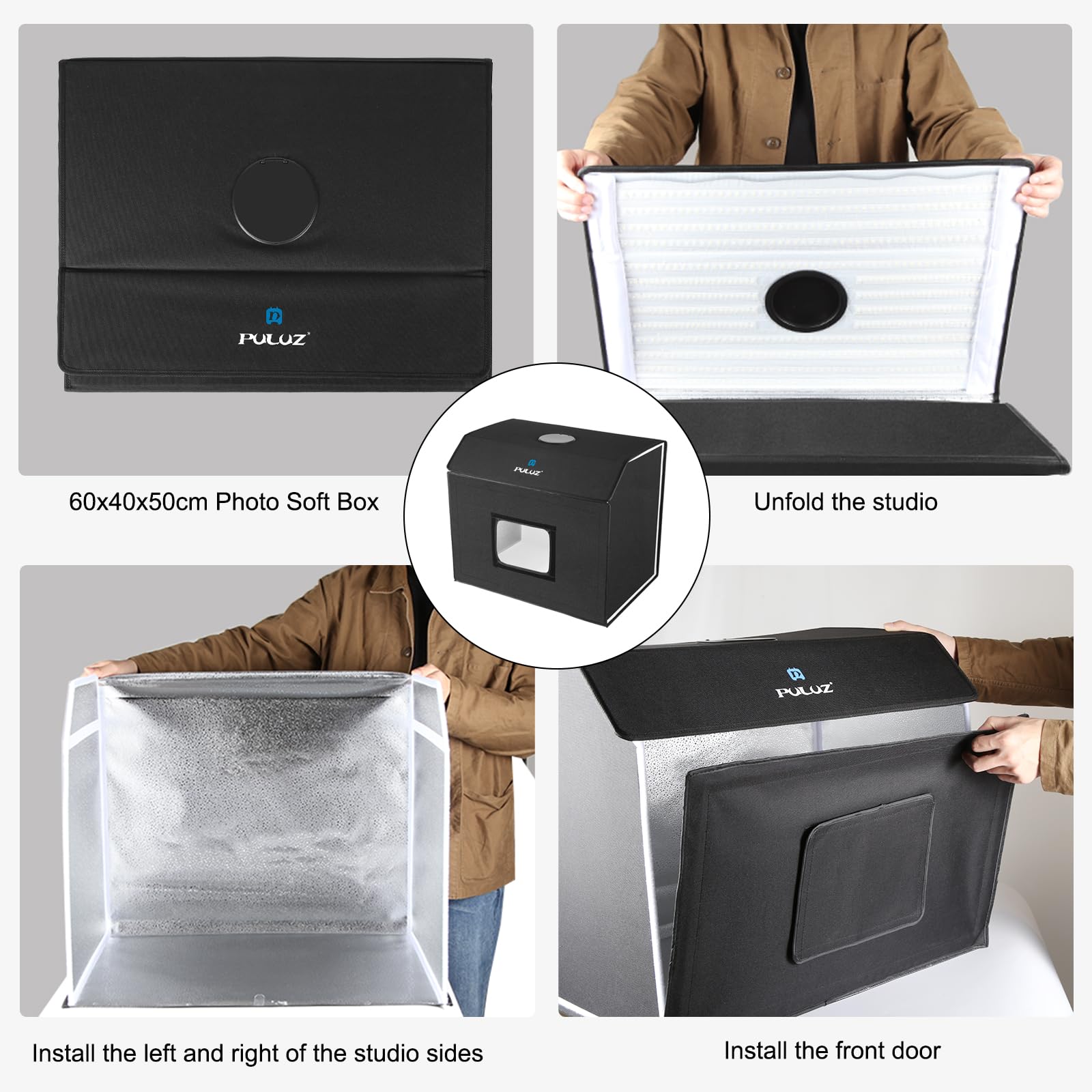 PULUZ Studio Photo Box Portatile 60x40X50cm, Scatole di Luce Kit con Temperature di 3 Colori Regolabili 672pcs LED & 4 PVC Sfondi per Fotografia Prodotti