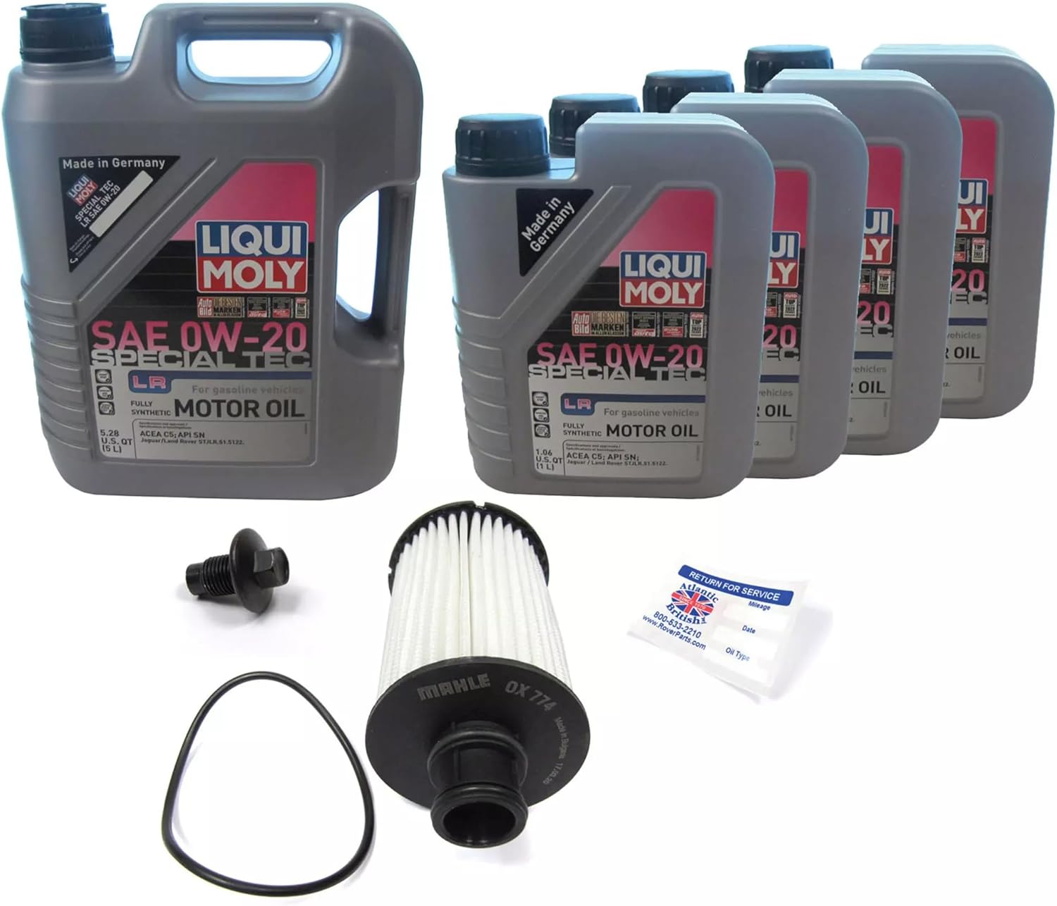 Oil Change Kit Compatible with Land Rover LR4, Discovery 5, Range Rover Sport, And Full Size, Includes Mahle Oil Filter, 9 Liters Special Tech LR SAE 0W-20 Oil, Drain Plug, & Cling