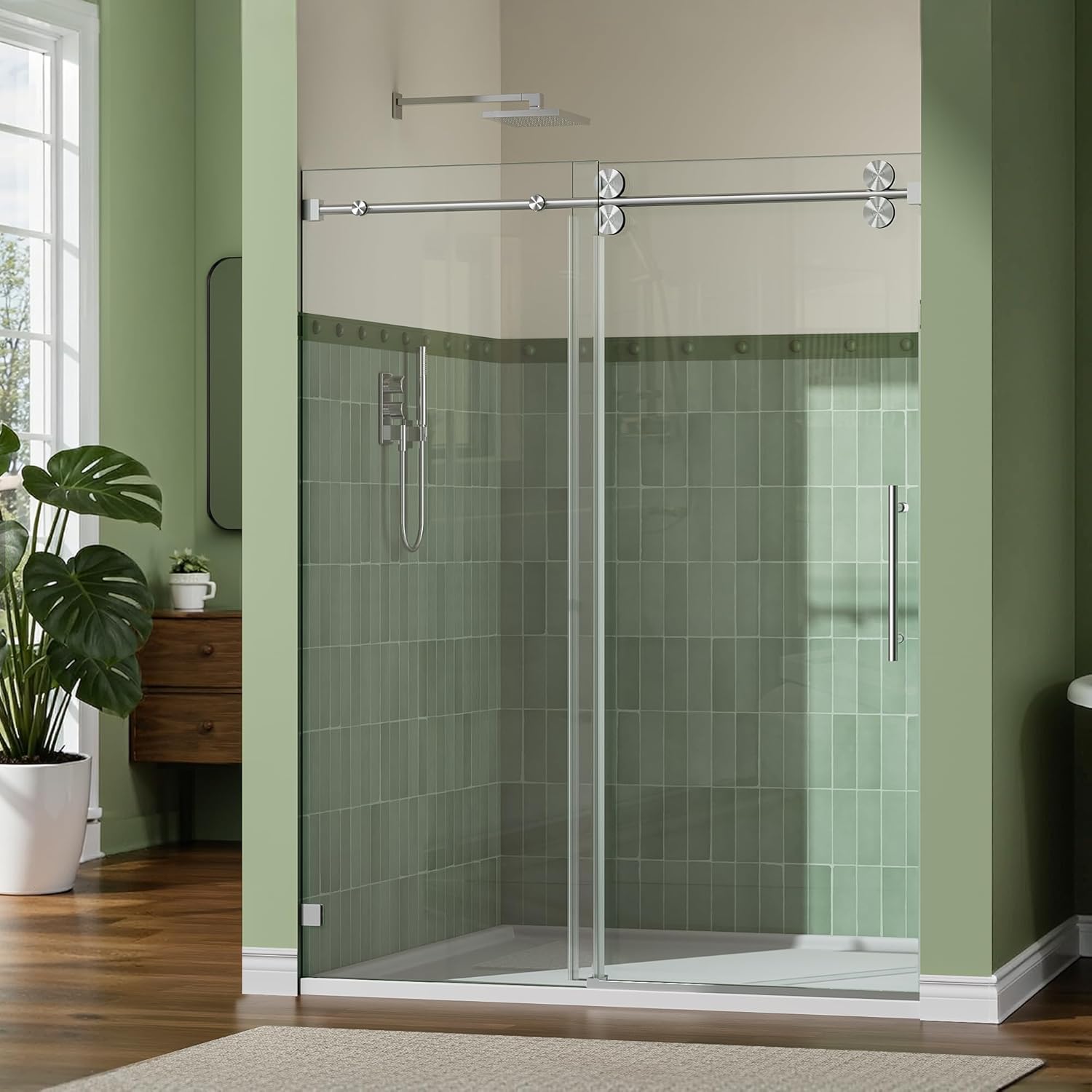 62-67" W x 76" H Frameless Sliding Shower Door, 3/8" (10mm) SGCC Tempered Glass Shower Door, Quiet Soft-Close System, Premium Stainless Steel Hardware(Brushed Nickel)