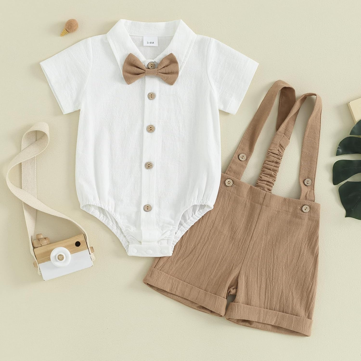 Honganda Baby Boys Gentleman Outfits Bow Tie Short Sleeve Button Up Romper + Overall Shorts Infant Wedding Cake Smash Clothes - Image 2
