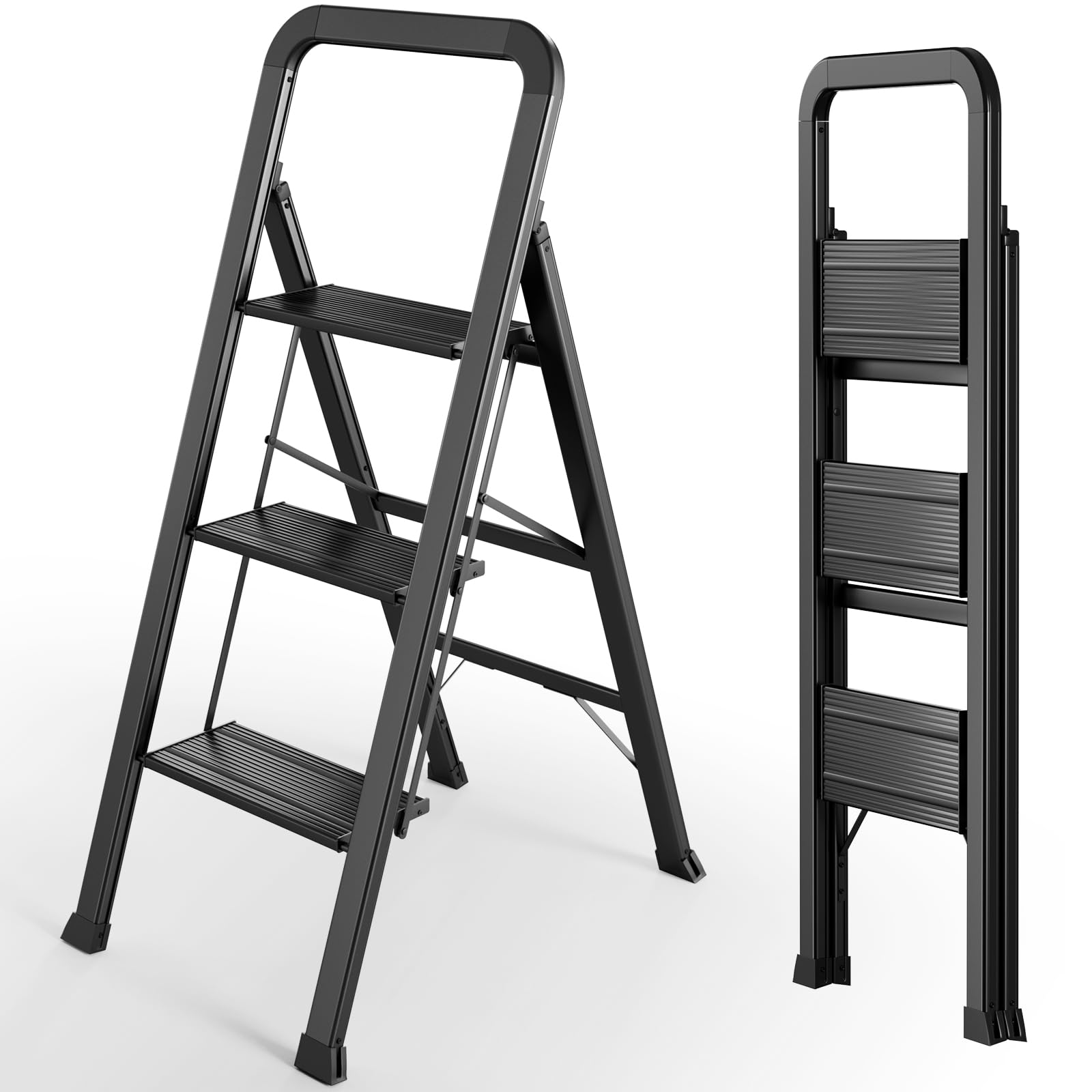 TLGREEN Aluminiowa drabina z poręczą, 3-stopniowa, składana, odporna na rdzę, antypoślizgowa, lekka, wielofunkcyjna, obciążenie do 150 kg, do kuchni, biura, domu, ogrodu