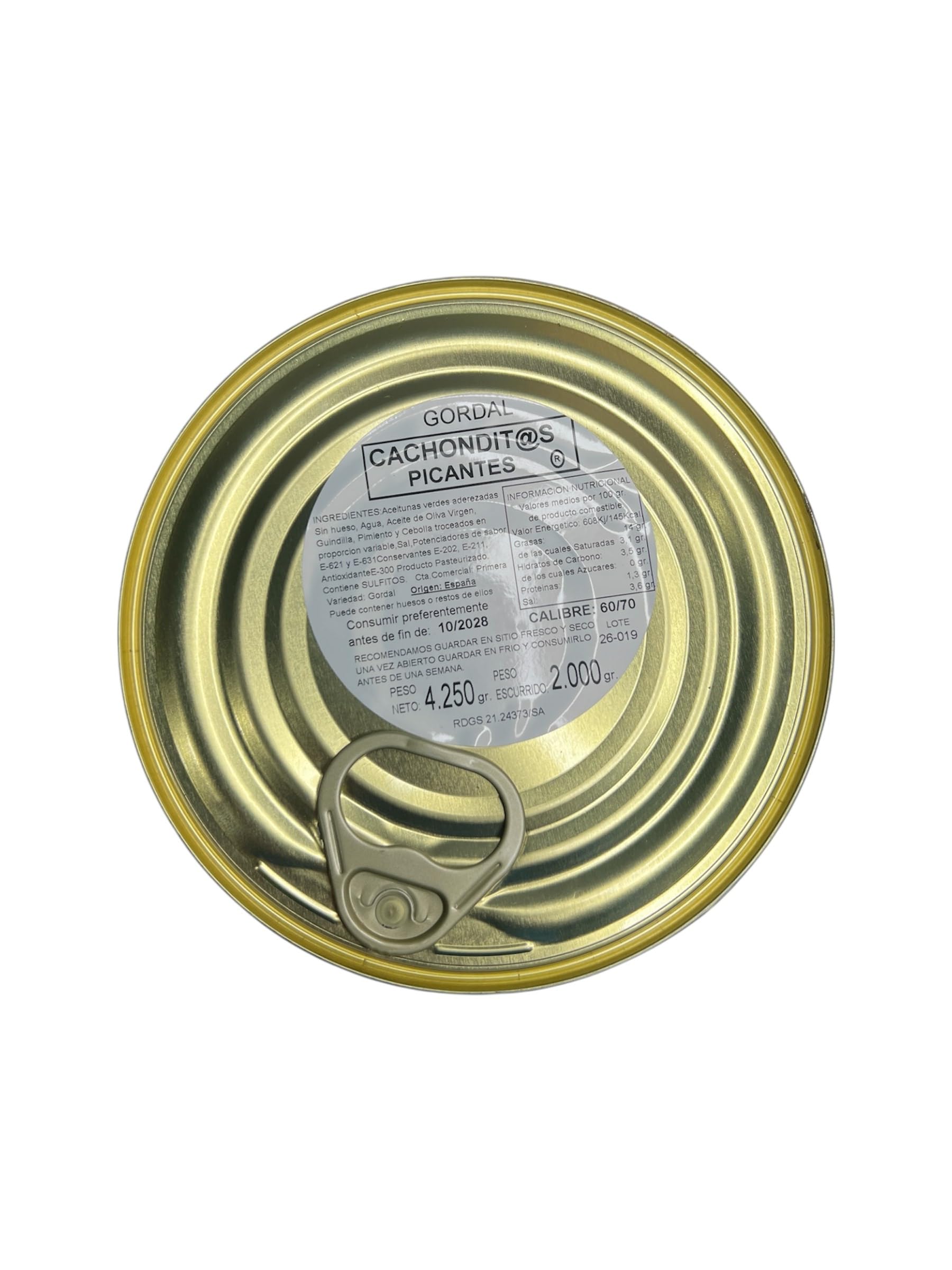 Miroliva Aceitunas Gordal Picantes Las Cachonditas XXL Lata 4,25 kg Peso Escurrido 2 kg Aperitivo Gourmet Pack 1 Lata