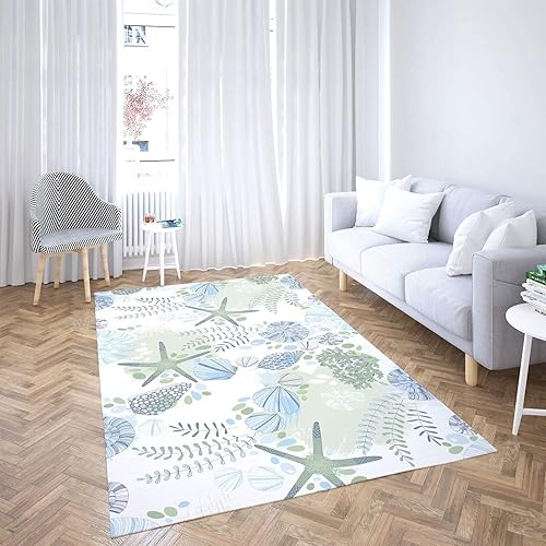 Miniatura 4 de Alfombras náuticas de área costera, con temática de playa verde, estrellas de mar, plantas acuáticas, alfombra antideslizante para interiores para