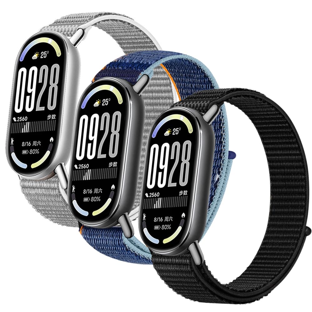 Nylon Sport Band Compatible with Xiaomi Smart Band 10/9/8, Soft Adjustable Breathable Sport Loop Watch Strap Replacement Wristband (3 Packs)