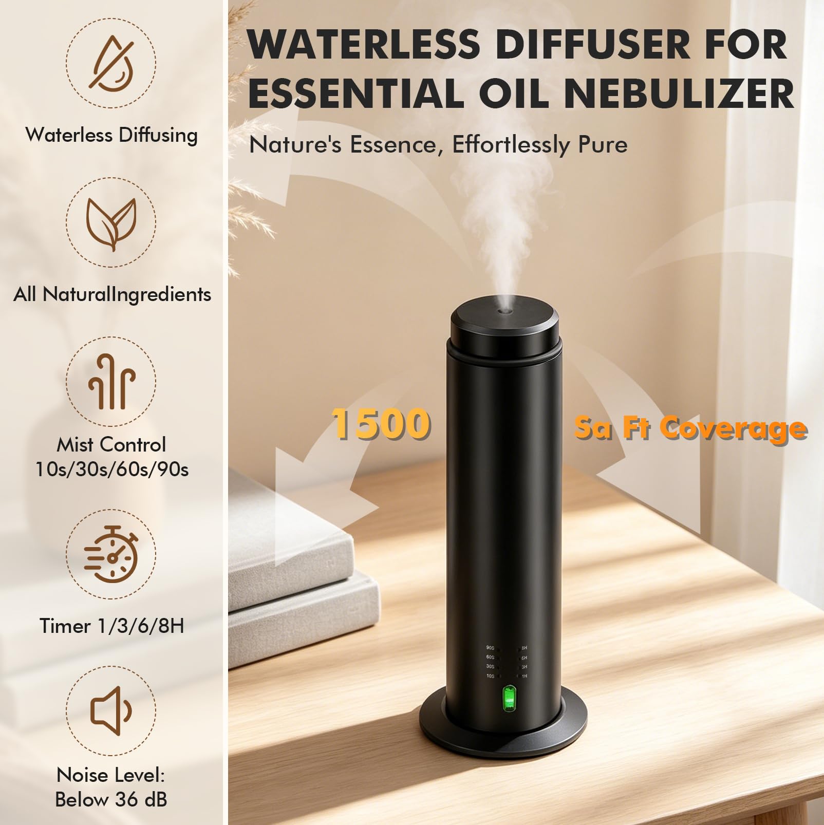 Difusor Aceites Esenciales sin Agua Mini Portátil USB 200 ml | Perfume Aire Aromaterapia, Atomizador, Cargado USB, 3 Nivel de Niebla, Para Habitación Hogar Oficina