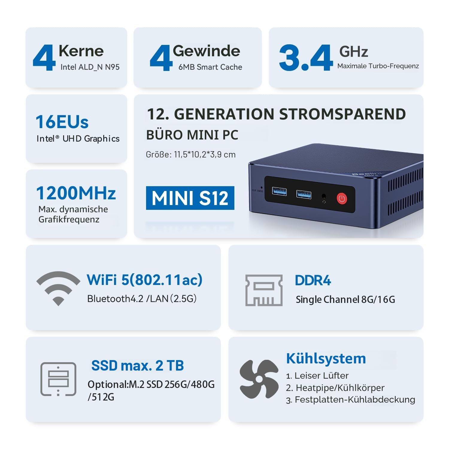 Beelink Mini S13 Mini PC, Intel N150 (4C/4T, bis zu 3.6Ghz), 16G DDR4 500G SSD Mini Computer Windows 11 Home, 4K Dual Display，HDMI/WiFi6/BT5.2/RJ45 für Zuhause/Büro | 4C/4T, bis zu 3,4 GHz, 8 GB RAM, 256 GB SSD, 4K bei 60 Hz, unterstützt bis zu 2 Displays