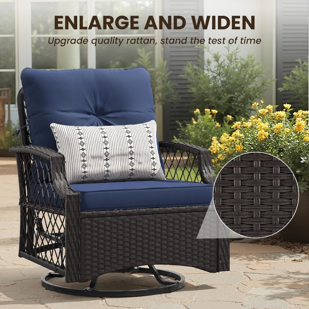 3-Piece Patio Furniture Set, Wicker Outdoor Bistro Set Swivel Glider Patio Chairs x 2 with Cushions, High Back All-Weather Rattan Outdoor Furniture for Porch, Backyard (Navy Blue + Wicker)