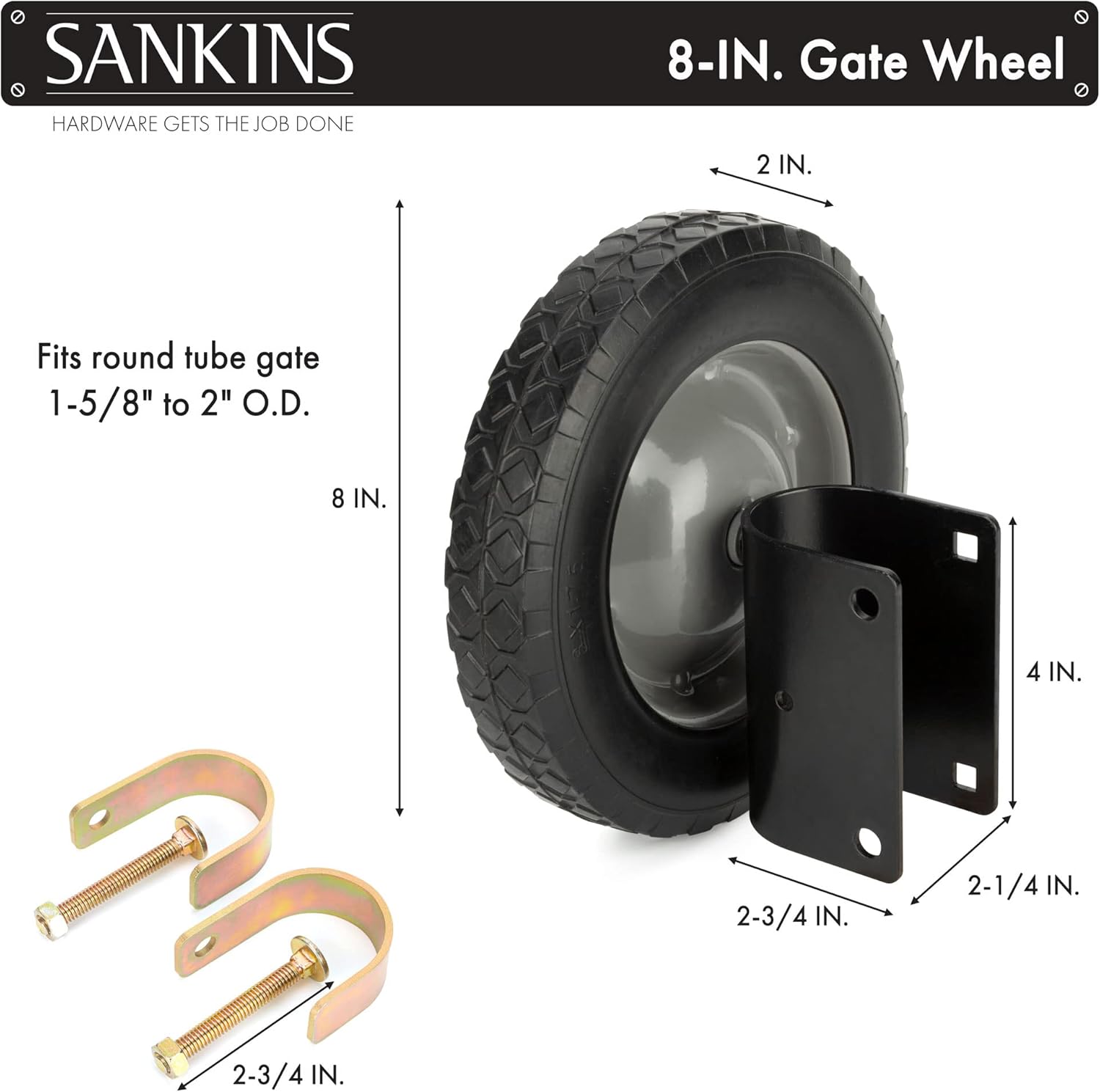 Gate Wheel 8" Rubber Gate Caster 2 Pcs Heavy Duty Gate Helper Support Wheel Side Mount for Swing Gate Metal Tube Fence Chain Link Gate,Fits 1-5/8" to 2" O.D. Round Tube Gate Frames