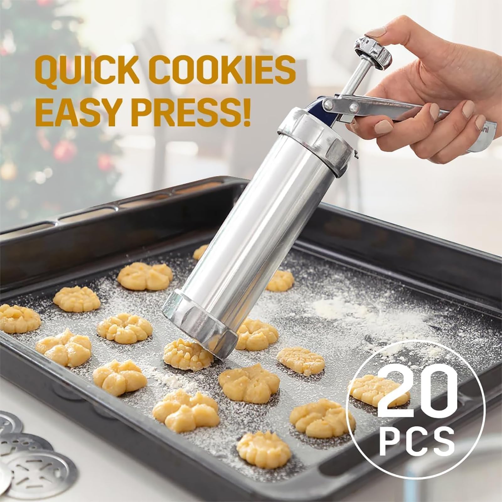 Pistola de prensa de galletas, de acero inoxidable con 20 moldes intercambiables y 4 boquillas para decoración de galletas, pasteles y postres
