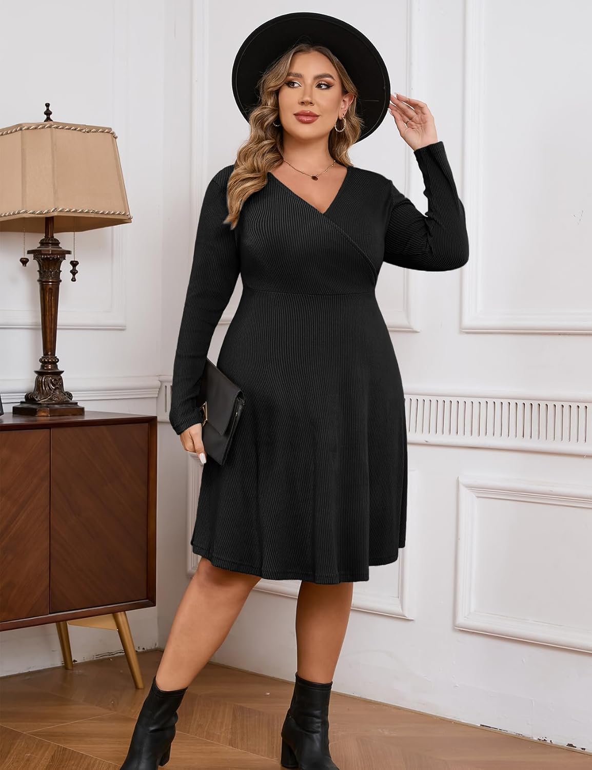 ZOMVA Plus Size Sweater Dress V Neck A-line Knee Length Dress Fall Winter Casual Ribbed Knit Long Sleeves - Image 3