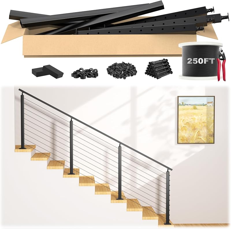 12-16ft Complete Set 36" Stair Railing Post with Handrail, 4 Pack Stainless Steel Black Adjustable Top Angle Stair Posts, 250FT 1/8" Wire Rope, Swageless Indoor Stair Railing Kit,MY20-SP