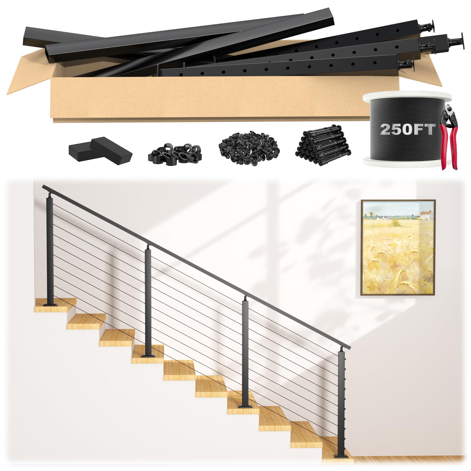 Photo 1 of PLANTOP 8-12ft Complete Set 36"Cable Railing Post with Handrail Cuttable, 4 Pack Stainless Steel Black Adjustable Top Angle Stair Posts, 250FT 1/8"Wire Rope, Swageless Cable Railing System Kit,MY20-SP