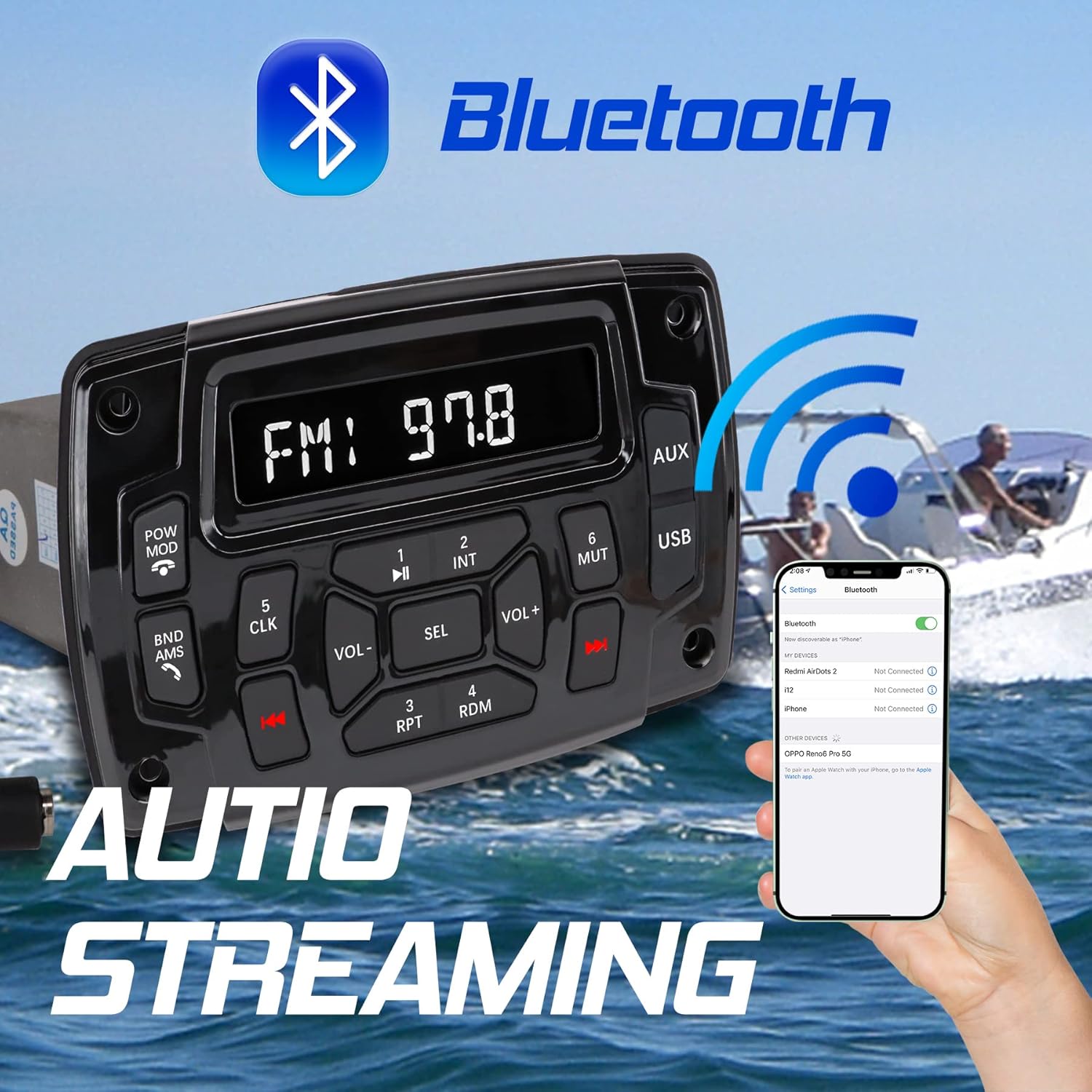 Marine Stereo Audio Radio Bluetooth Car Stereo Receivers Waterproof Player MP3 Boat Media with AM/FM Music Radio USB Input for Golf Cart Motorcycle UTV Head Unit Sound System