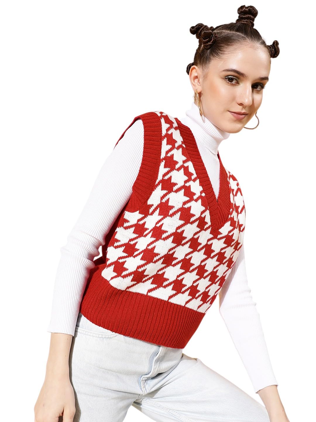 sassafras Women Houndstooth V-Neck Sleeveless Sweater-picture-36