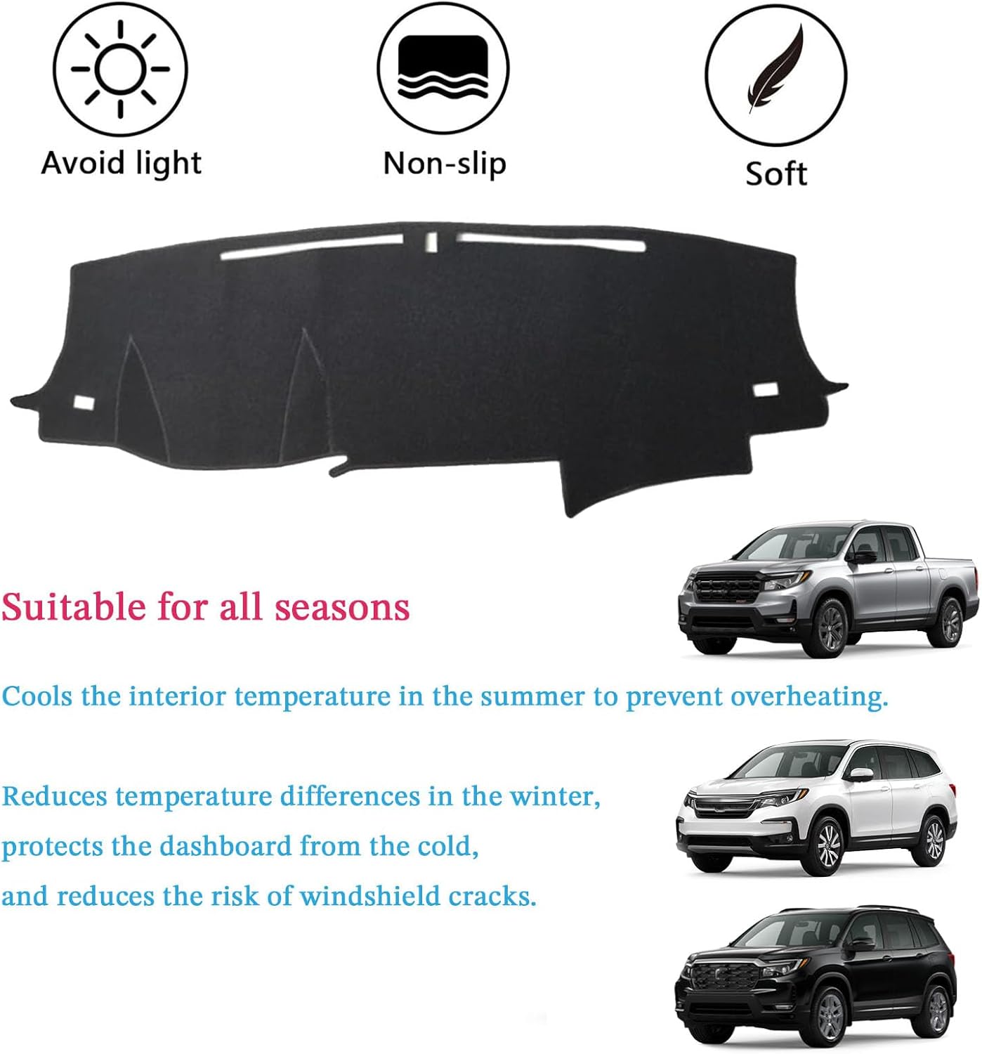 Dashboard Cover Suitable for Honda Ridgeline 2017-2024/Pilot 2016-2022/Passport 2019-2024 Car Dashboard Cover Sun Visor Mat Non-Slip Polyester Dashboard Accessories (Black)