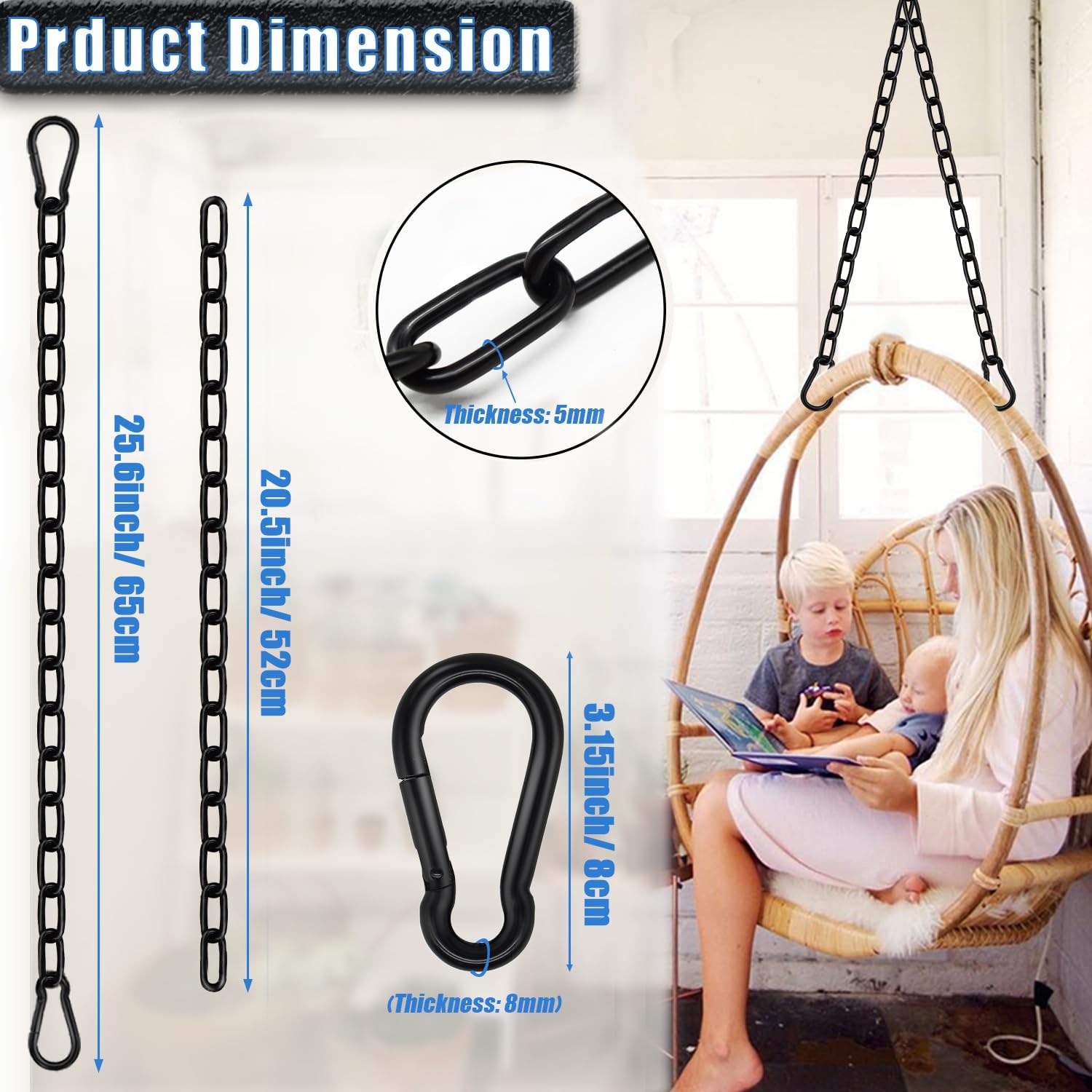 2 Pack Hanging Swing Chain with 4 Carabiners 25in, 660LB Capacity Heavy Duty Hammock Hardware Kit for Punching Bags, Swing Chairs, Indoor & Outdoor Gym (Black) 1 7134cXiwkeL. AC SL1500