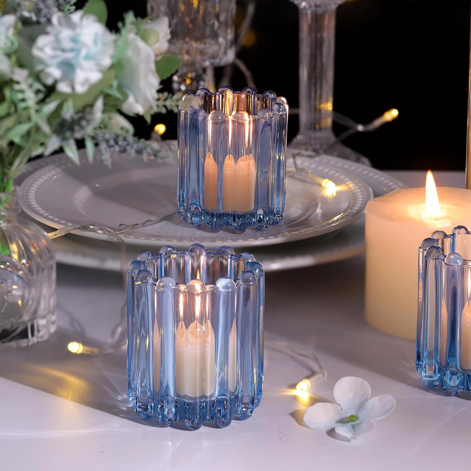 6 PCS Votive Candle Holder, Blue Glass Candle Holders, Tealight Candle Holder for Wedding Centerpieces Dinner Party Baby Shower Table Decor - Image 3