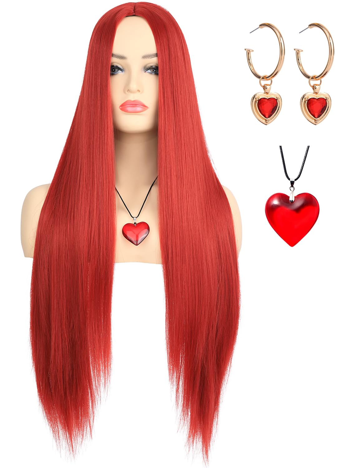 morvaly Womens Long Red Wig with Necklace and Earrings for Queen Costume Middle Part Deep Red Straight Hair Wigs for Adults Halloween Costume Cosplay