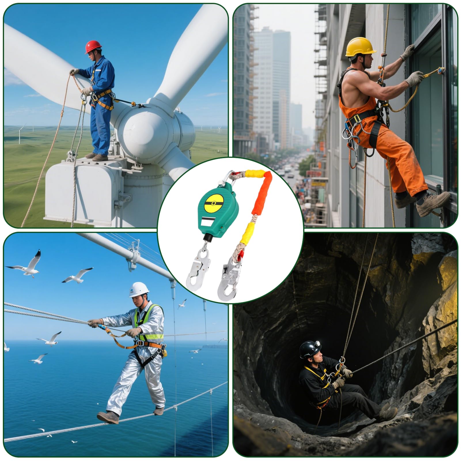 Dispositivo Anticaidas Retráctil Seguridad, 3-20m Linea de Vida Retractil Homologado 150kg, Verde/Amarillo Arnés Seguridad Anticaídas Retráctil Trabajos en Altura/ Tejados(Verde,10 metros)