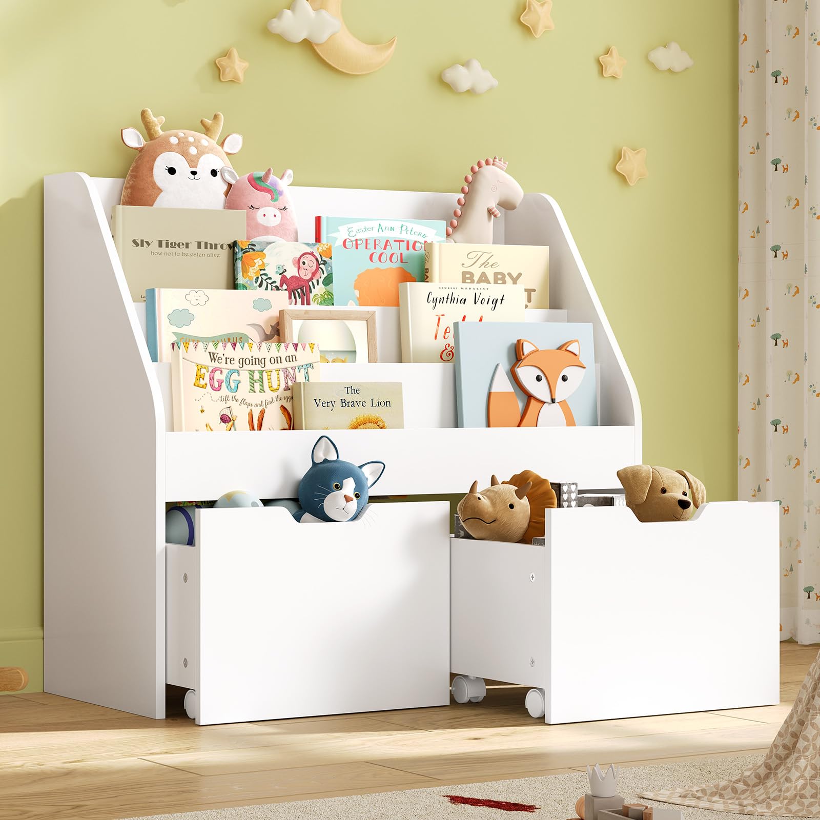 Kids Bookshelf - 4 Tier Small Bookcase for Kids Room, Toy Storage for Children with 2 Movable Drawers, Hidden Wheels, Toddler Book Display Shelves for