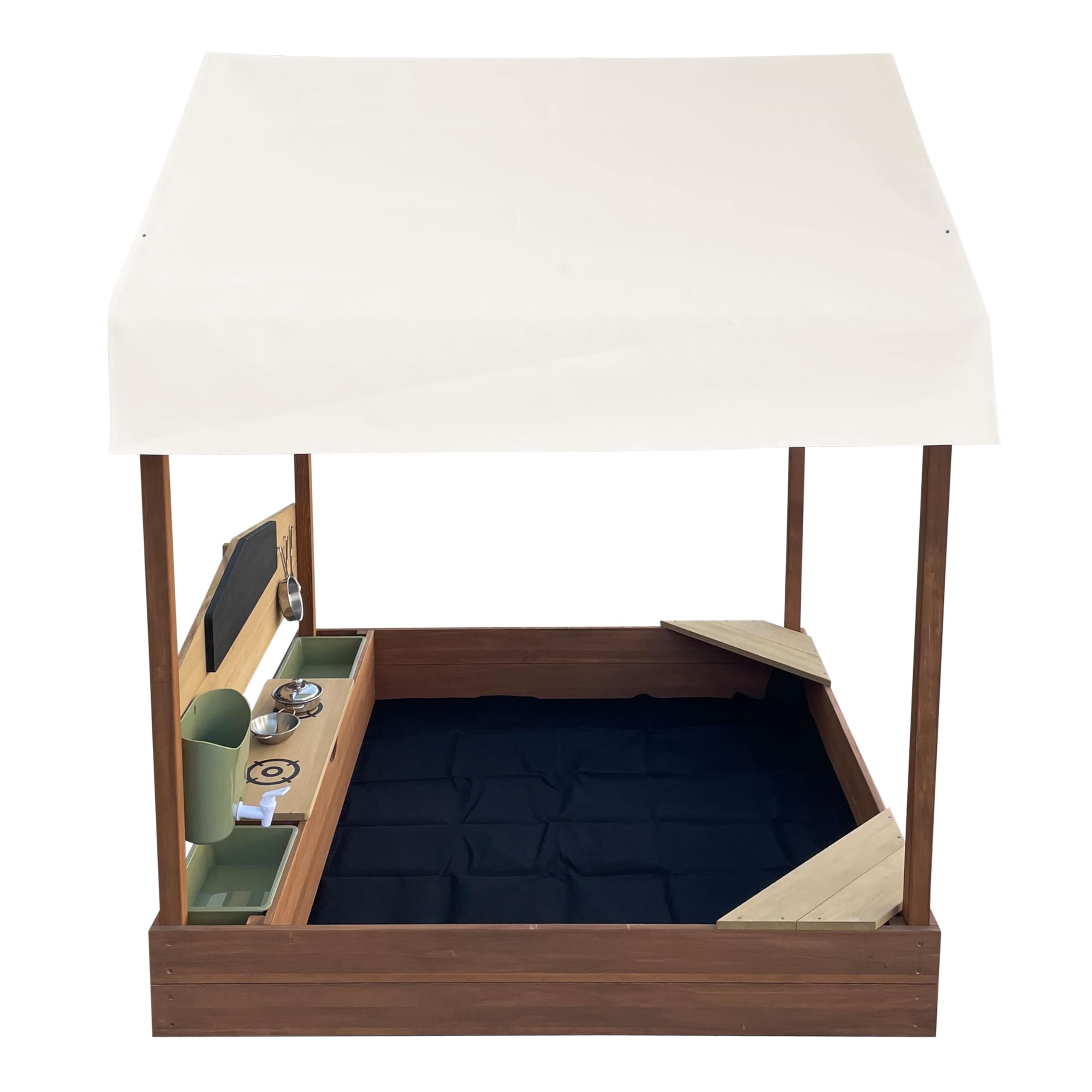 AXI Meli Sabbiera e casetta da gioco in legno con cucina e tettuccio - Marrone | Con lavagna, serbatoio per l'acqua e set da 6 pezzi | Con rivestimento e copertura protettiva | 120 x 120 x 144,5 cm
