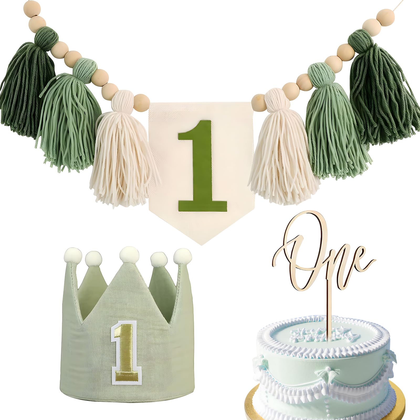 Green One 1st Birthday Decorations for Boys Girls 1st First Birthday High Chair Banner with Green 1st Birth Hat and One Cake Topper First Birth Highchair Banner for Party Decorations