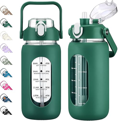 Miniatura 21 de kytffu Botellas de agua de vidrio de 64 onzas con popote, botella de vidrio motivacional de medio galón con funda de silicona y marcador de tiempo