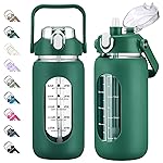 kytffu 42oz Glass Water Bottles with Straw, Motivational Glass Bottle with Silicone Sleeve and Time Marker, Leakproof Large Glass Water Jug for Gym Home Office, Ink green