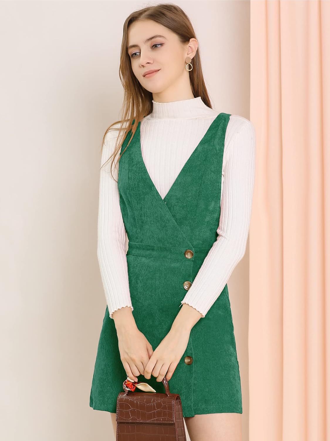 Allegra K Women's Corduroy Mini V Neck Vintage A-Line Bib Christmas Overall Pinafore Dress - Image 2