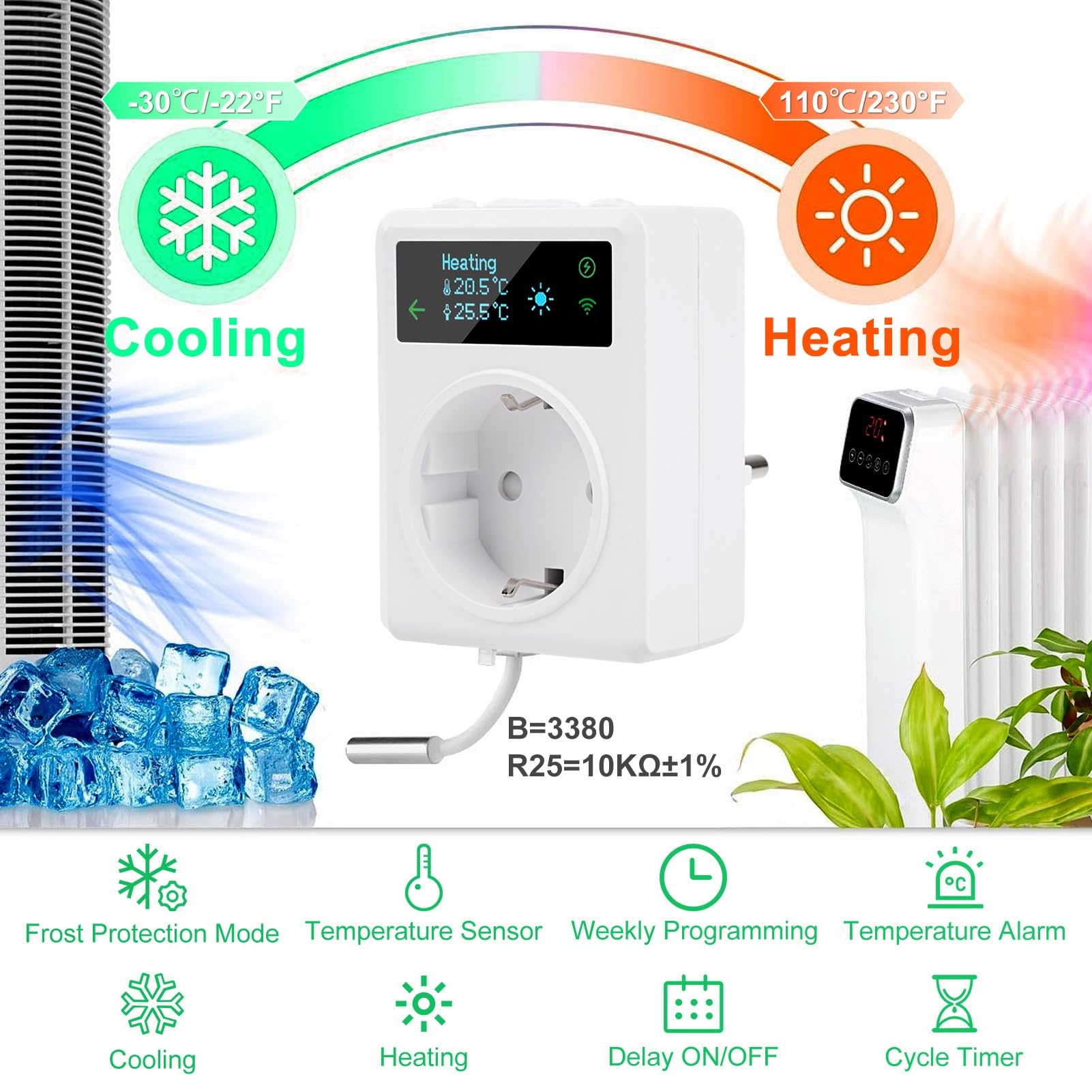 DEWIN Inteligente Enchufe de Termostato con Sonda, 2.4GHz WiFi Controlador de Temperatura de termostato de Enchufe 220V 16A Calefacción y Refrigeración Compatible con Control Remoto y Control por Voz