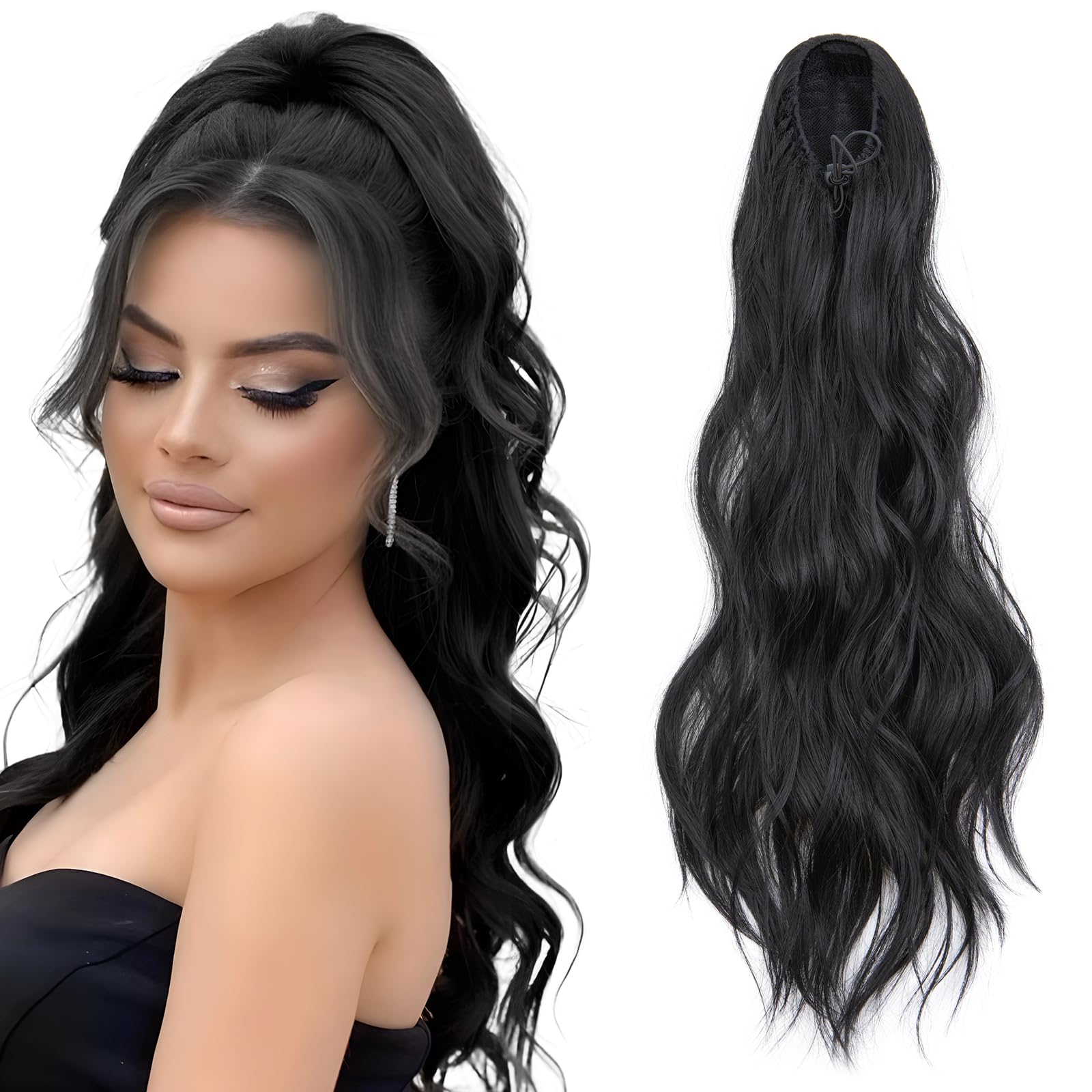 TESS Wavy Ponytail Extension, Drawstring Clip in Ponytail Hair Extensions, Long Hair Extensions Ponytail, 26 Inches 120g, Jet Black