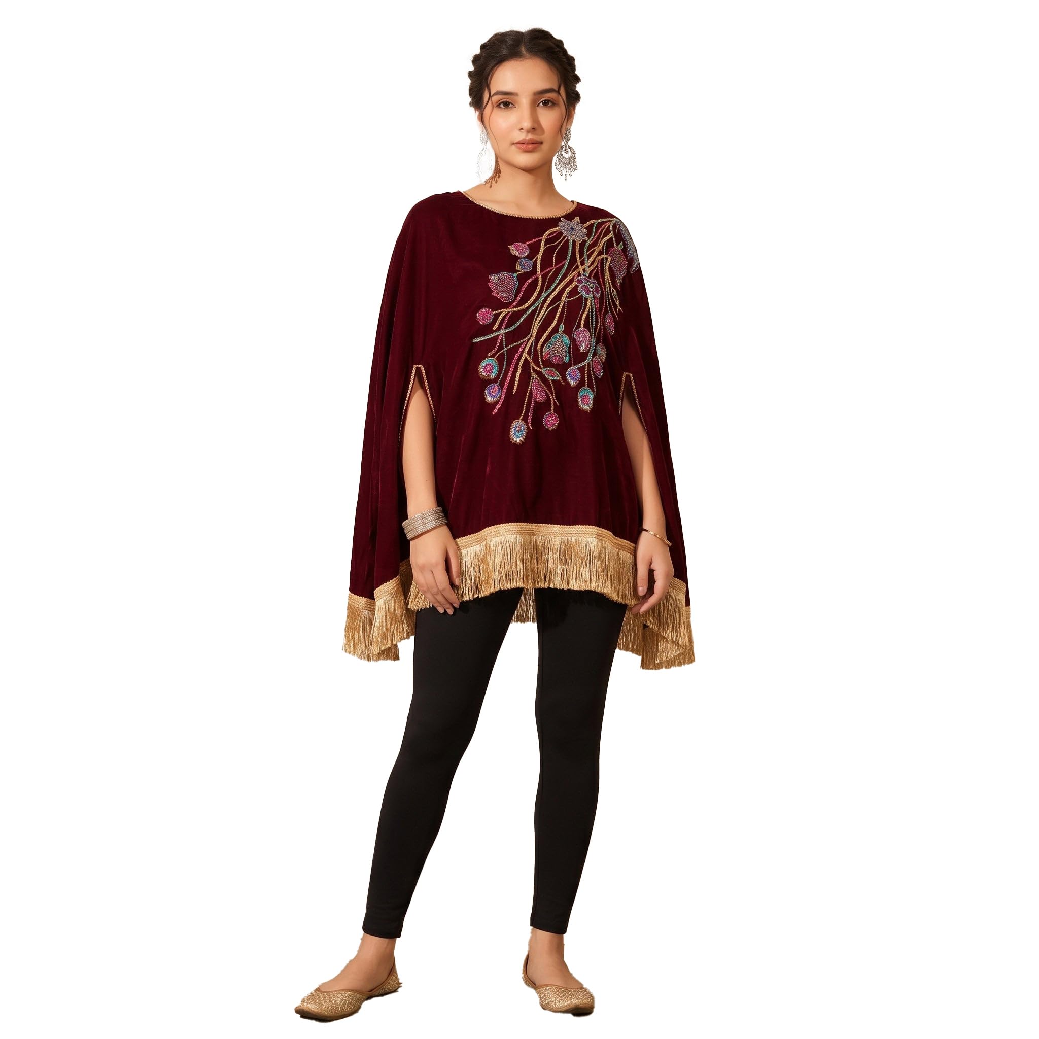 first resort Maroon Floral Sequinned Velvet Poncho with Golden Fringe-picture-19