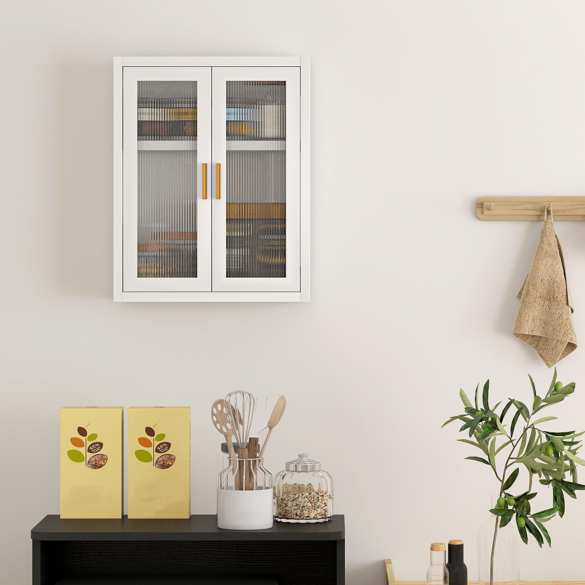 HOMCOM Armoire Murale de Salle de Bain métale, 40 x 14 x 50 cm, Meuble de Rangement Suspendu avec 2 Portes cannelées en Acrylique et étagère réglable, Métal, Blanc