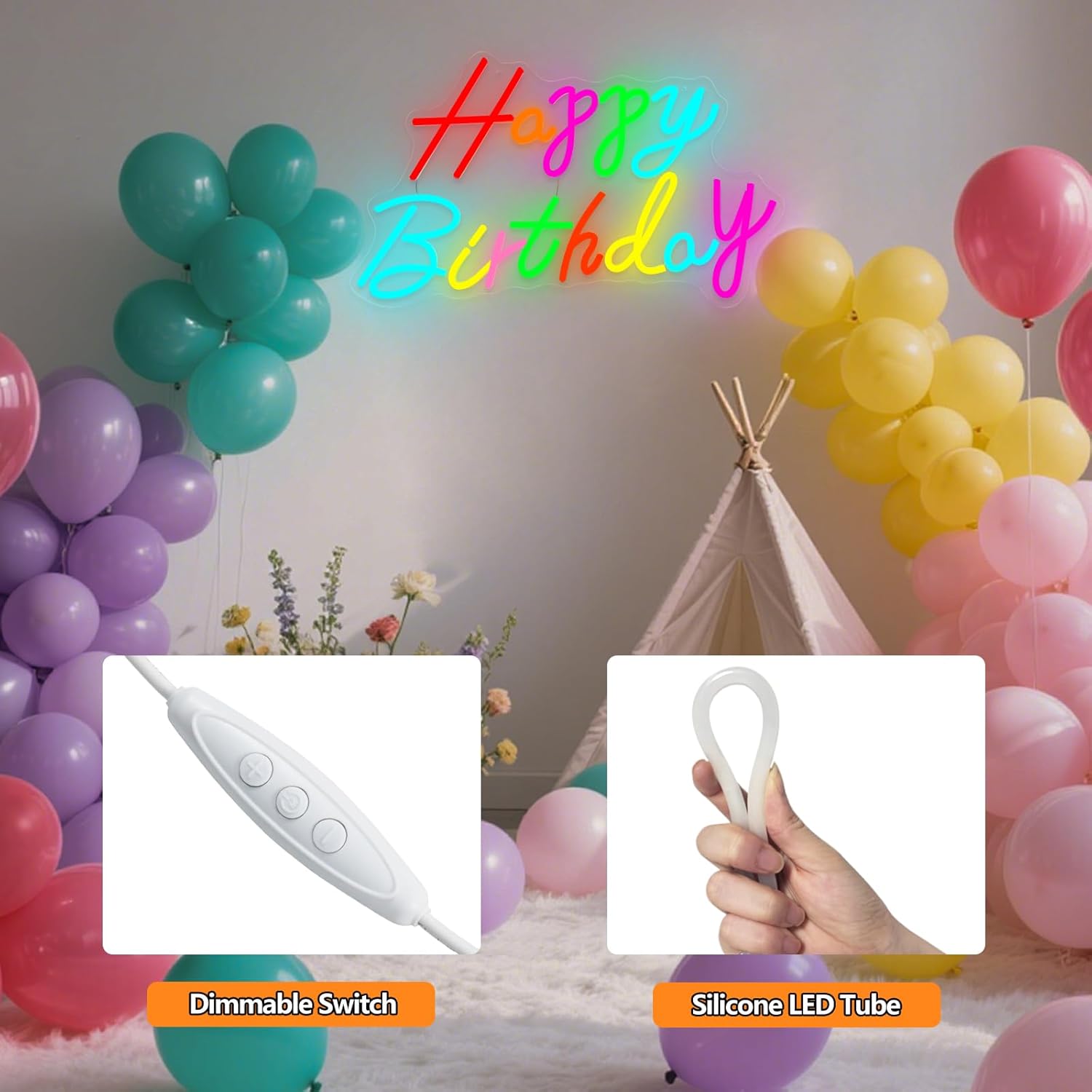 Happy Birthday Neon Sign, 21.7 x 13 Inch Neon Signs Large Size, Colorful Happy Birthday Neon Light, Big Birthday Neon Lights for Bedroom Bar Cafe Party Any Ages Bday Celebration Decoration - Image 5