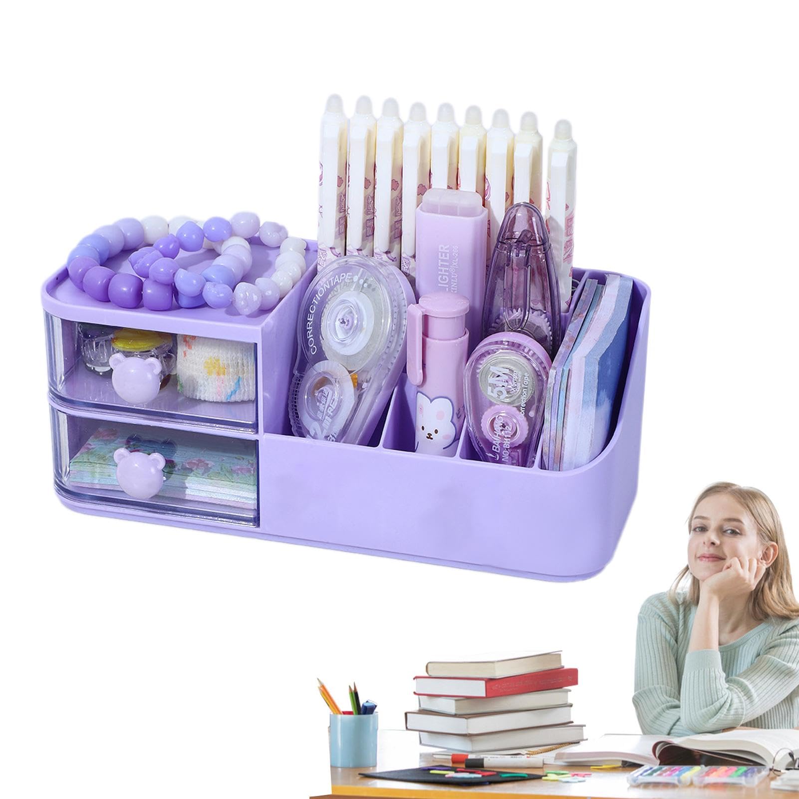 Organizador de papelería para escritorio, organizador de papelería dividido de dibujos animados, bonitos accesorios de escritorio, ahorro de espacio, caja de almacenamiento de joyas