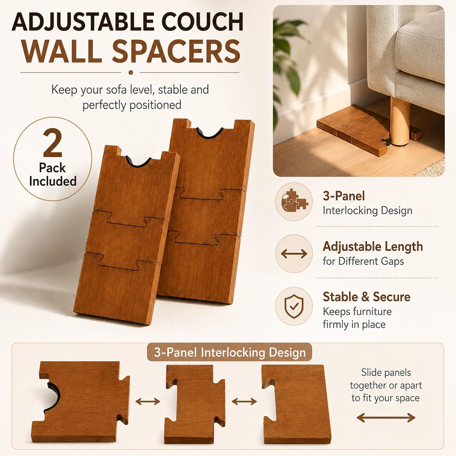 2 Pack Wood Couch Wall Spacers Adjustable Bed Stopper Furniture Protector