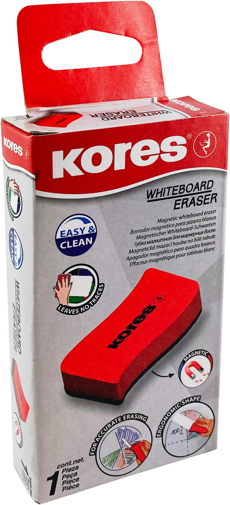 Kores - Red Magnetic Whiteboard Eraser - Back to School Supplies, Office Stationery - Dry Wipe, Lightweight and Ergonomic Whiteboard Eraser - 110 x 55 x 20 mm - Pack of 1