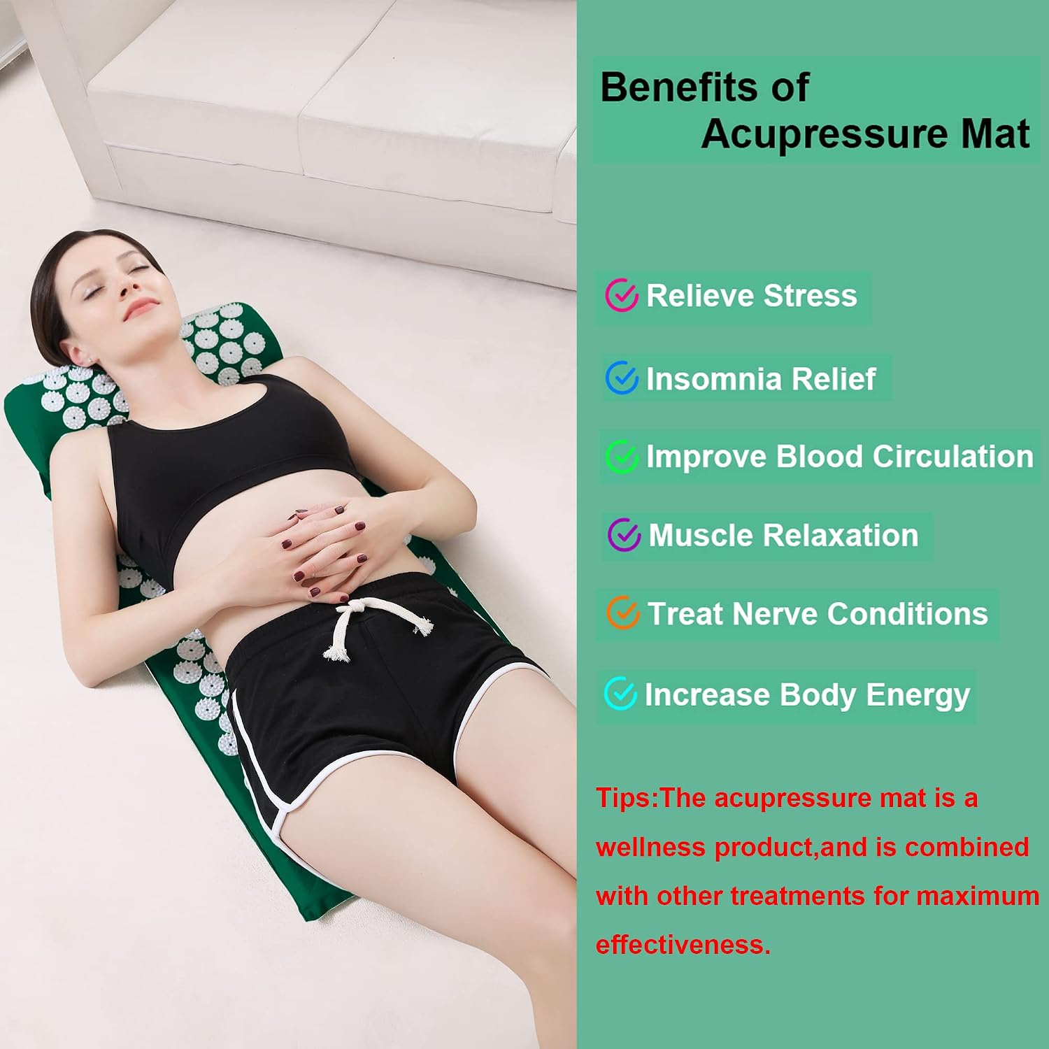 Acupressure Mat and Pillow Set with Bag - Large Size 28.7 X 16.5 inch Acupuncture Mat for Neck & Back Pain Relief- Naturally Relaxation Gift for Women - Stress Relief Massage Mat (Green)
